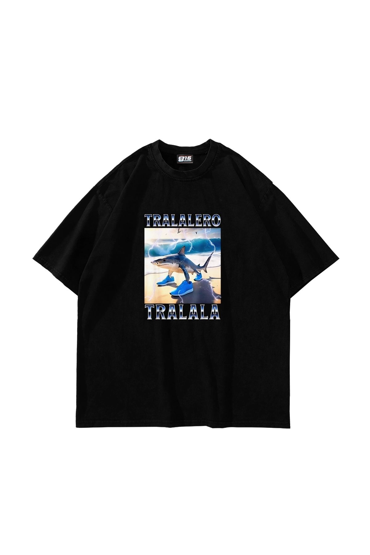 Sekizbiraltı Tralalero Tralala Baskılı Oversize Unisex Siyah Tshirt