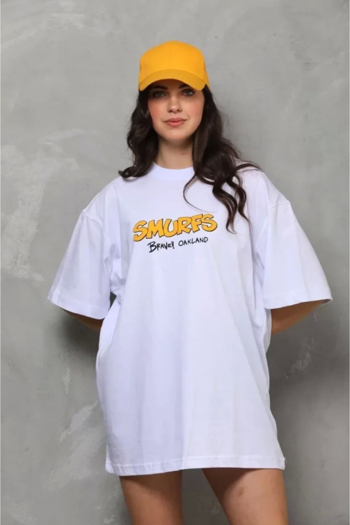 nedo7 Unisex Bisiklet Yaka Baskılı Oversize T-Shirt - Beyaz