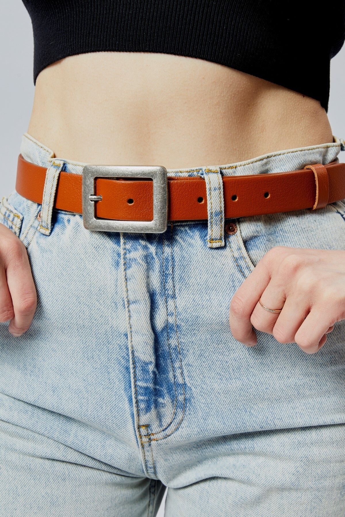 Livize Hakiki Deri Kadın Kemeri 4cm Eskitme Toka Taba