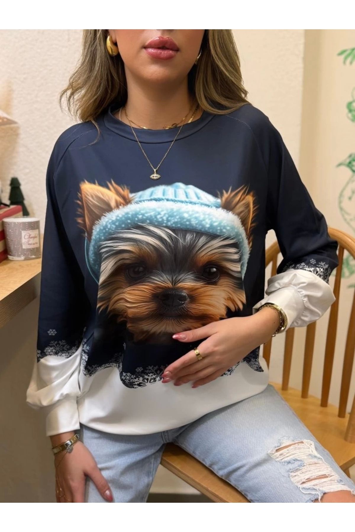 nedo7 Kadın Uzun Kollu Bisiklet Yaka Köpek Baskılı şardonlu Dalgıç Bluz