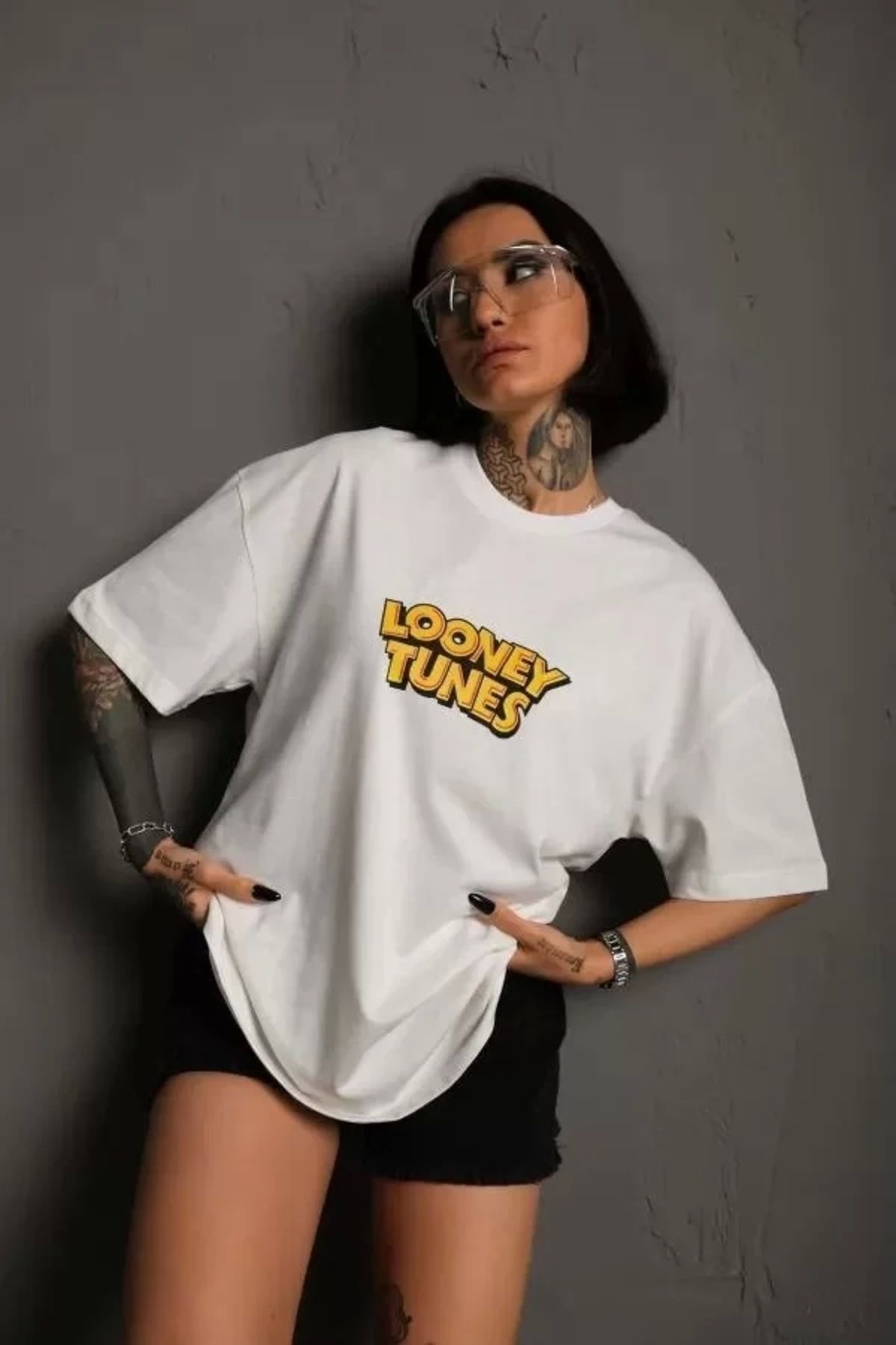 CVS Unisex Bisiklet Yaka Baskılı Oversize T-Shirt - Beyaz