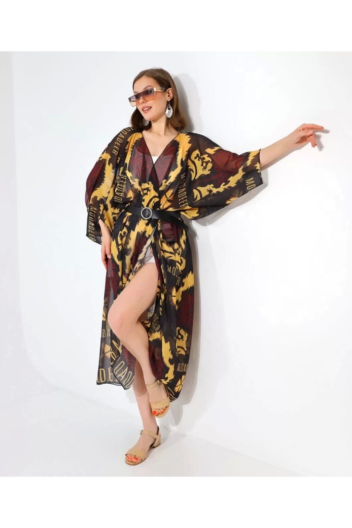 CVS Kadın Rahat Kesim Kemerli Şifon Kimono - Kahve