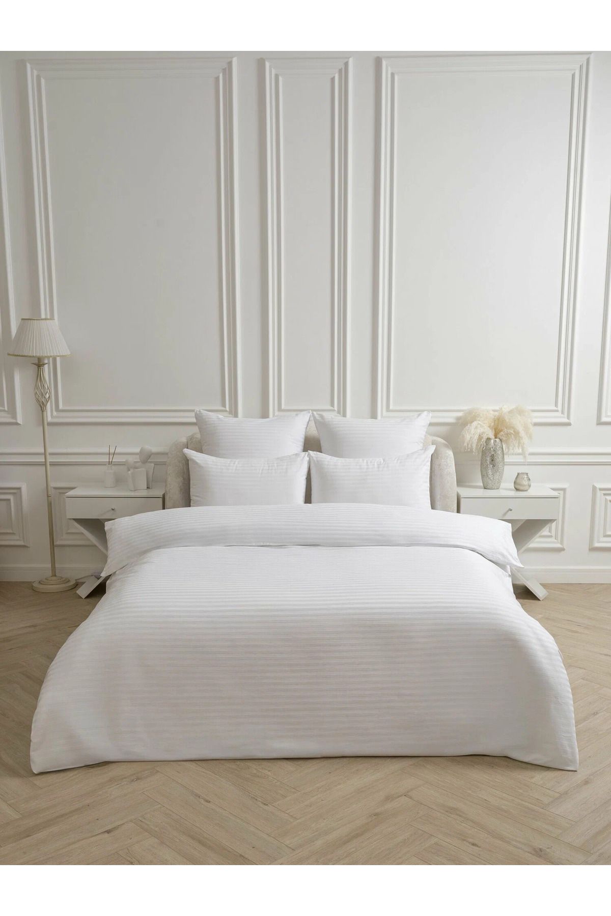 Bonny Home Line Beyaz Pamuk Saten Çift Kişilik Nevresim Takımı Lastiksiz Çarşaflı 4 Parça Set