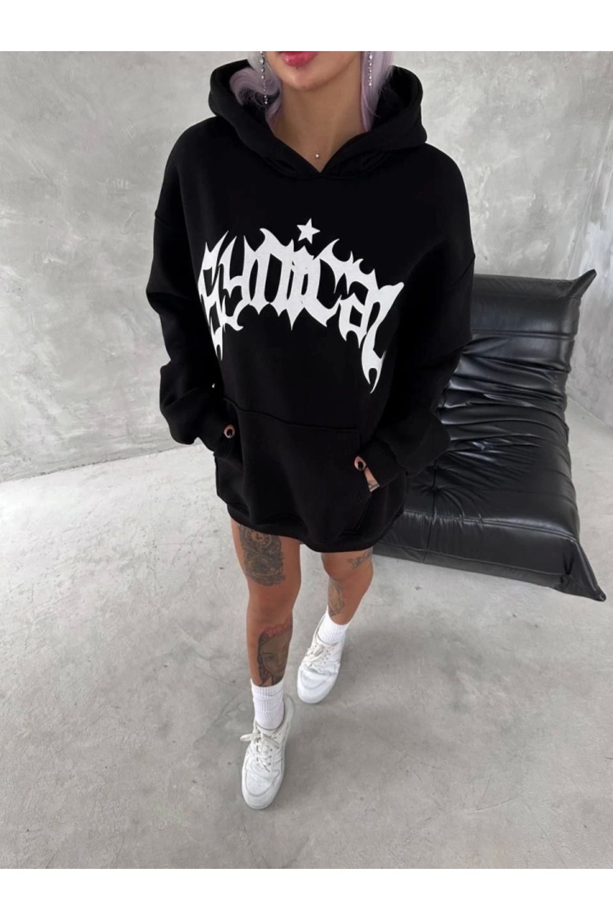 nedo7 Unisex Üç İplik Kapşonlu Baskılı SweatShirt - Siyah