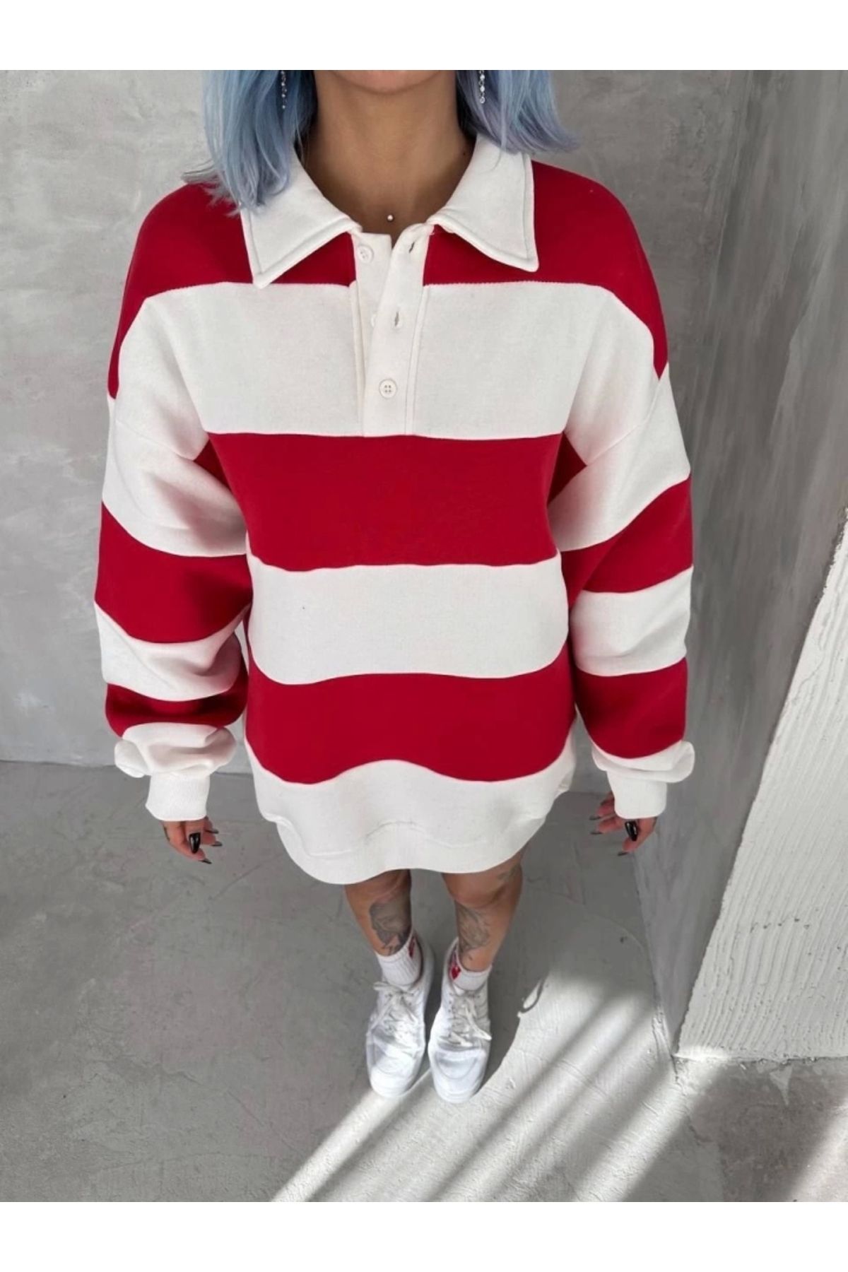 nedo7 Unisex Üç İplik Parçalı Yakalı SweatShirt - Kırmızı