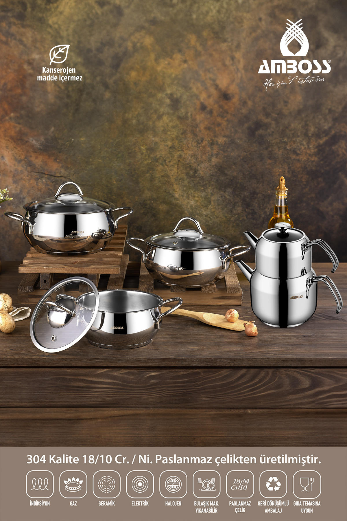 Amboss 9 Parça Grand Paslanmaz Çelik Tüm Ocaklara Uygun Tencere Ve Çaydanlık Seti