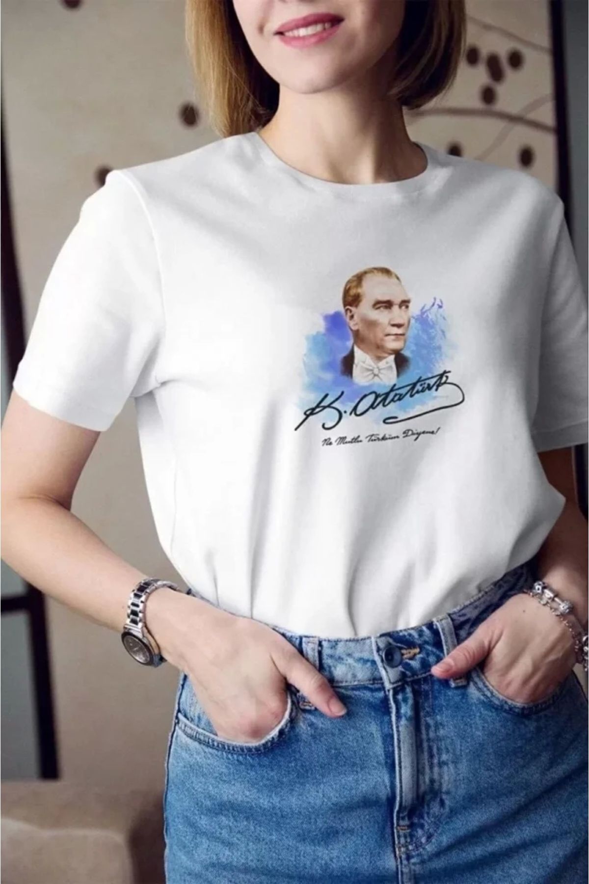 nedo7 Unisex Bisiklet Yaka Baskılı Oversize T-Shirt - Beyaz
