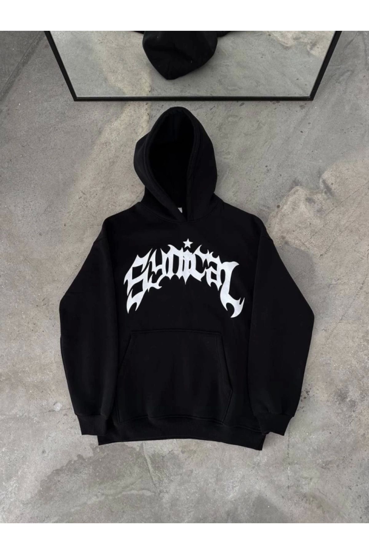 nedo7 Üç İplik Kapşonlu Baskılı Oversize SweatShirt- Siyah