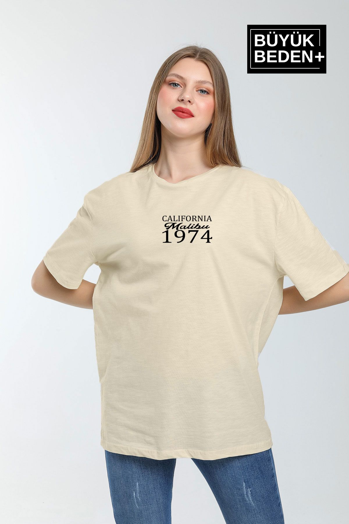 Superlife Süperlife Kadın Büyük Beden California 1974 Baskılı Bisiklet Yaka Tshırt SPR25BTSK06