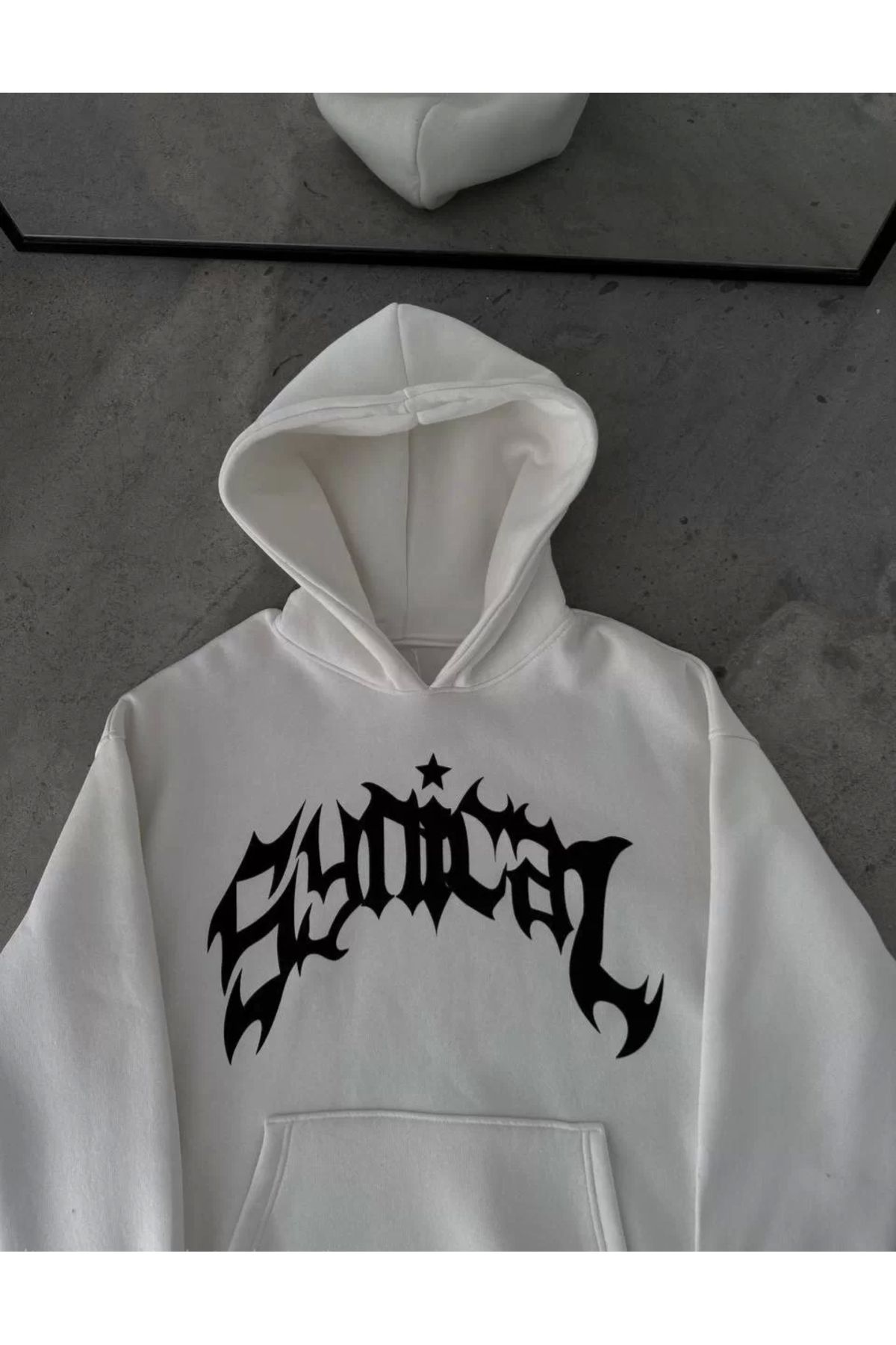CVS Kışlık Kapüşonlu Baskılı Oversize SweatShirt- Beyaz