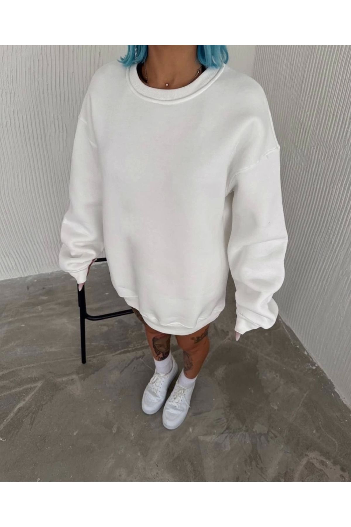 nedo7 Kışlık Bisiklet Yaka Üç İplik Basic SweatShirt - Beyaz