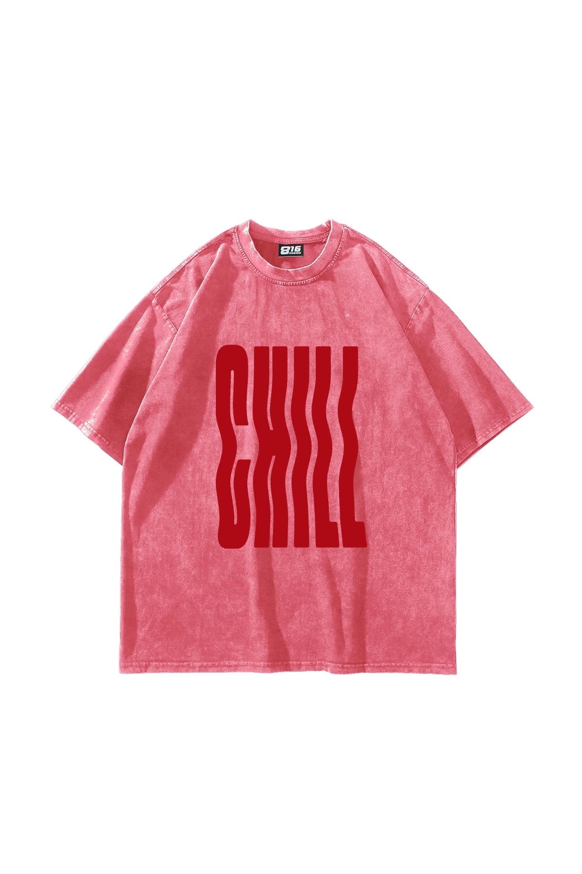 Sekizbiraltı Chill Baskılı Oversize Unisex Yıkamalı Pembe Tshirt