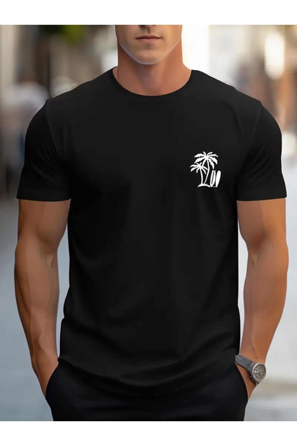 EXPECTED Erkek Oversize Yazlık Palmiye Sörf Baskılı Casual Modern Tarz Şık Pamuklu T-shirt