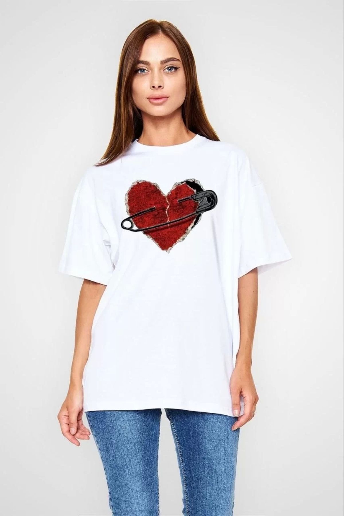 CVS Unisex Bisiklet Yaka Baskılı Oversize T-Shirt - Beyaz