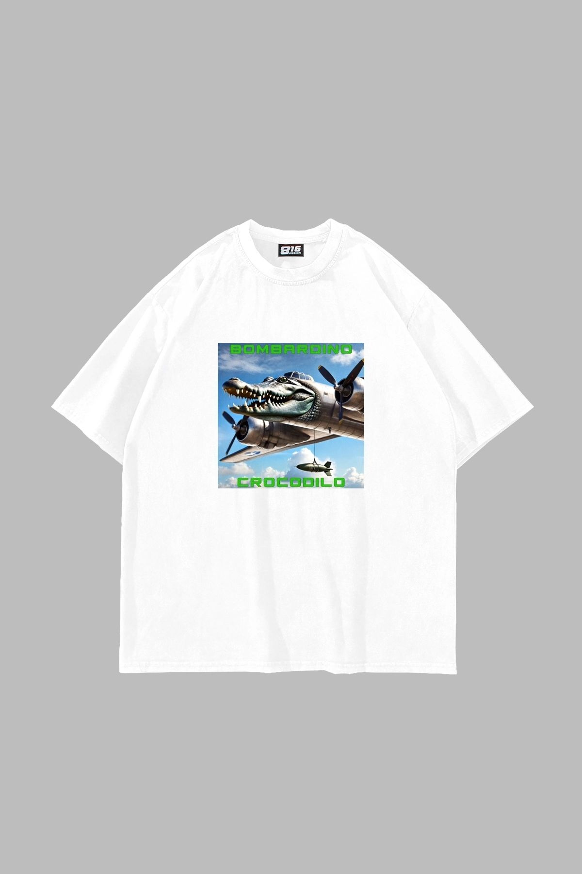 Sekizbiraltı Bombardıro Crocodılo Baskılı Oversize Unisex Beyaz Tshirt