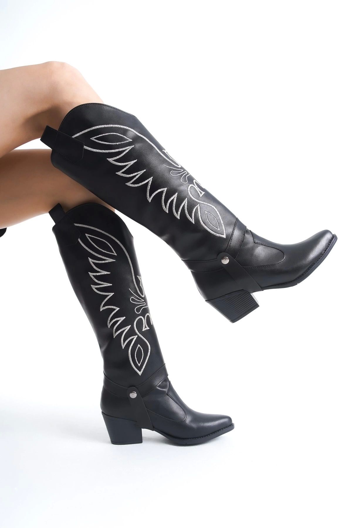 Shop58 Jilla Siyah Cilt Tak Çıkar Topuklu Bot Ve Çizme