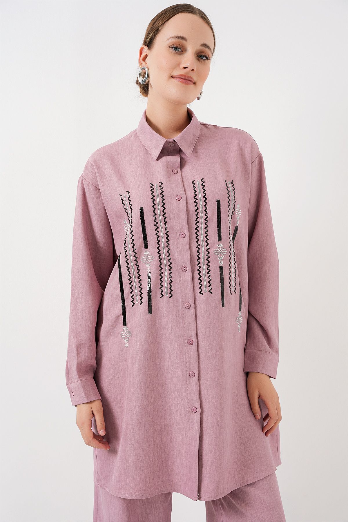 Bigdart-Patterned Tunic Trousers Double Set 6720 - Dusty Rose 2