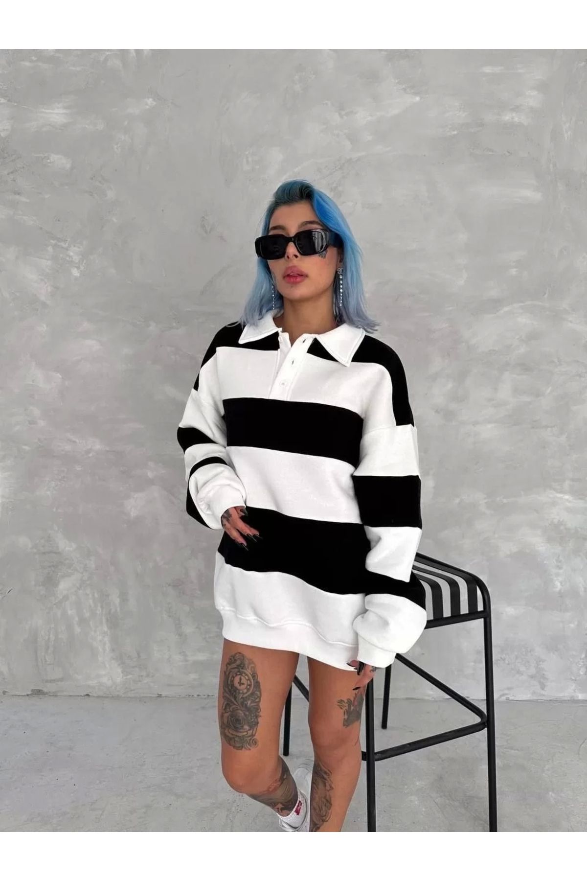 CVS Unisex Üç İplik Parçalı Yakalı SweatShirt - Siyah