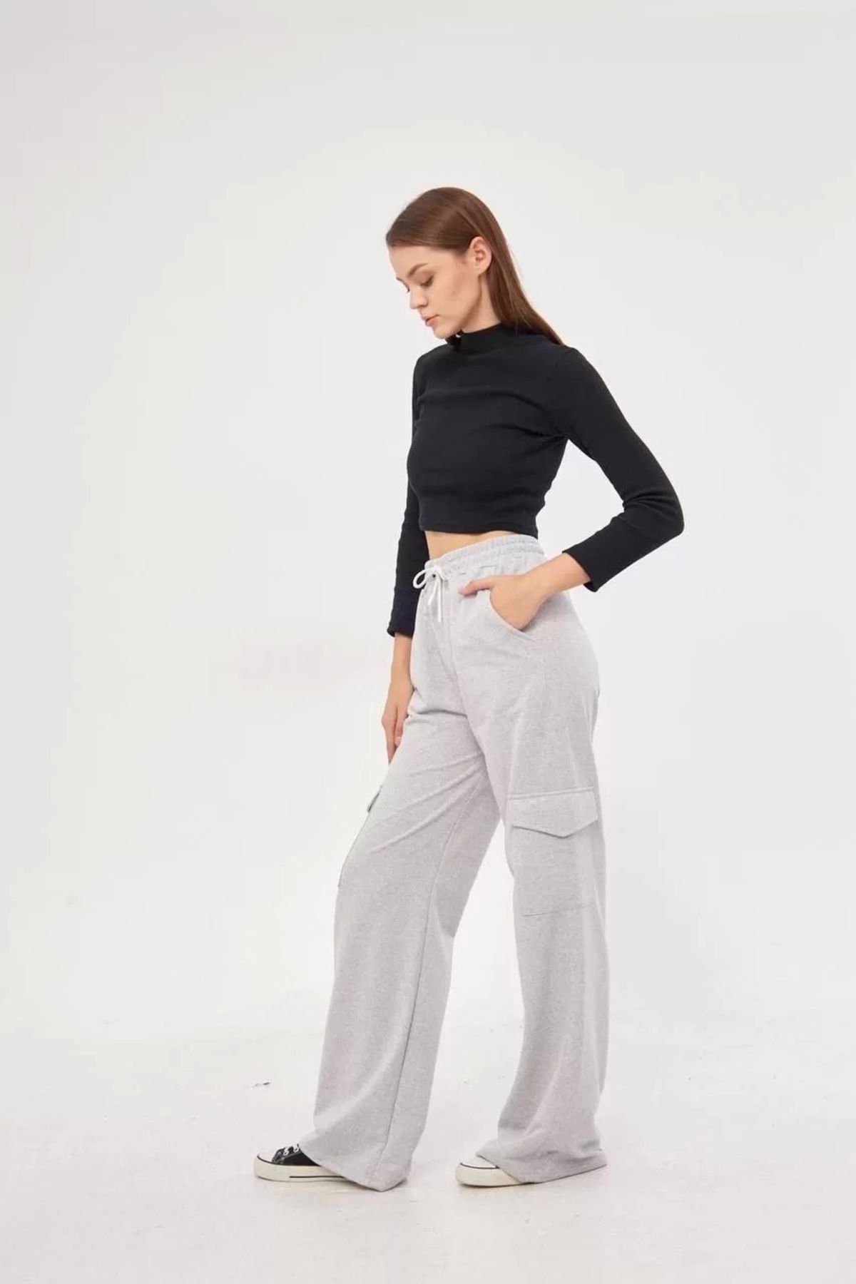CVS Kargo Cepli Palazzo Oversize Kesim İki iplik Bol Paça Eşofman Altı Pantalon - Gri
