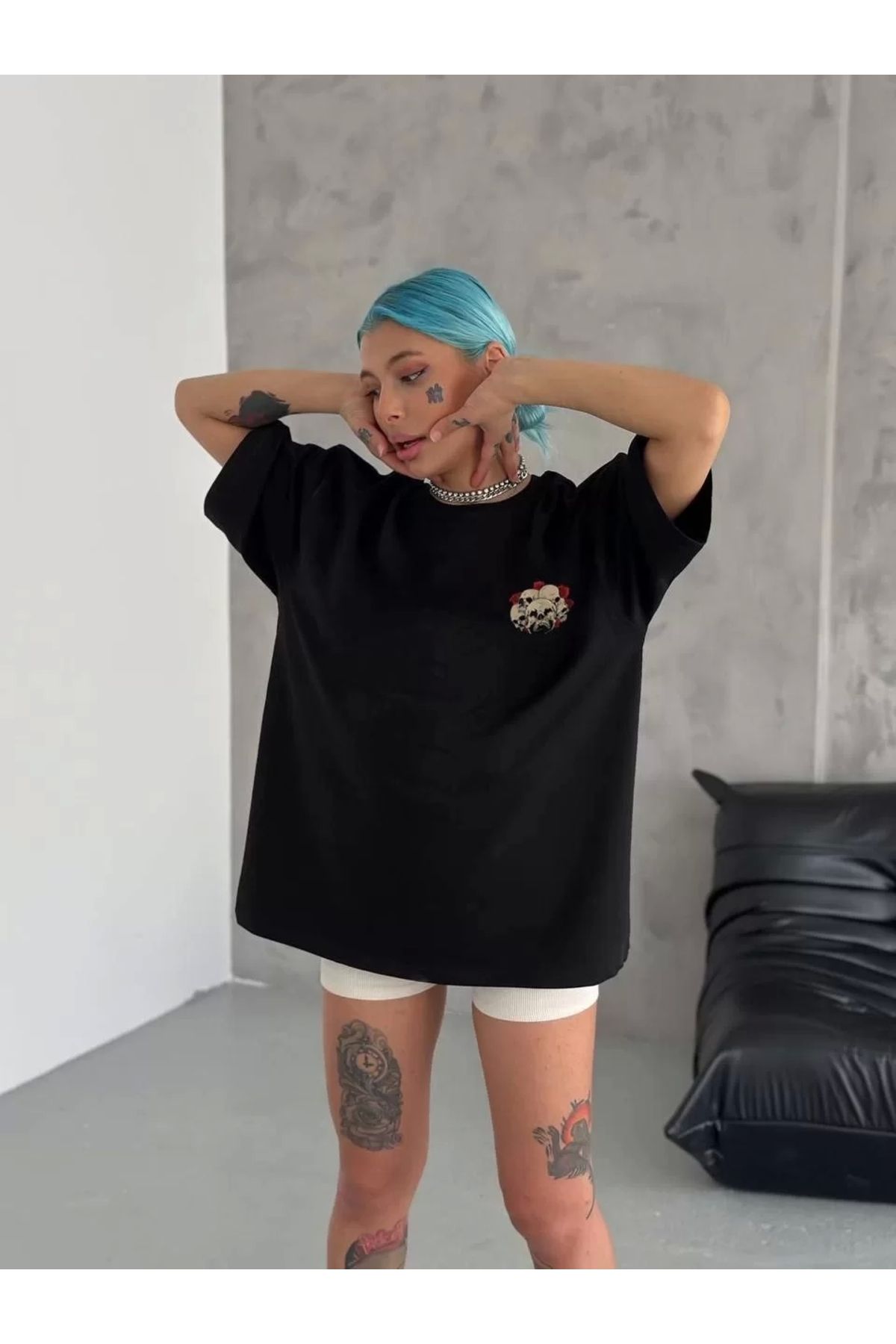 CVS Unisex Bisiklet Yaka Baskılı Oversize T-Shirt - Siyah