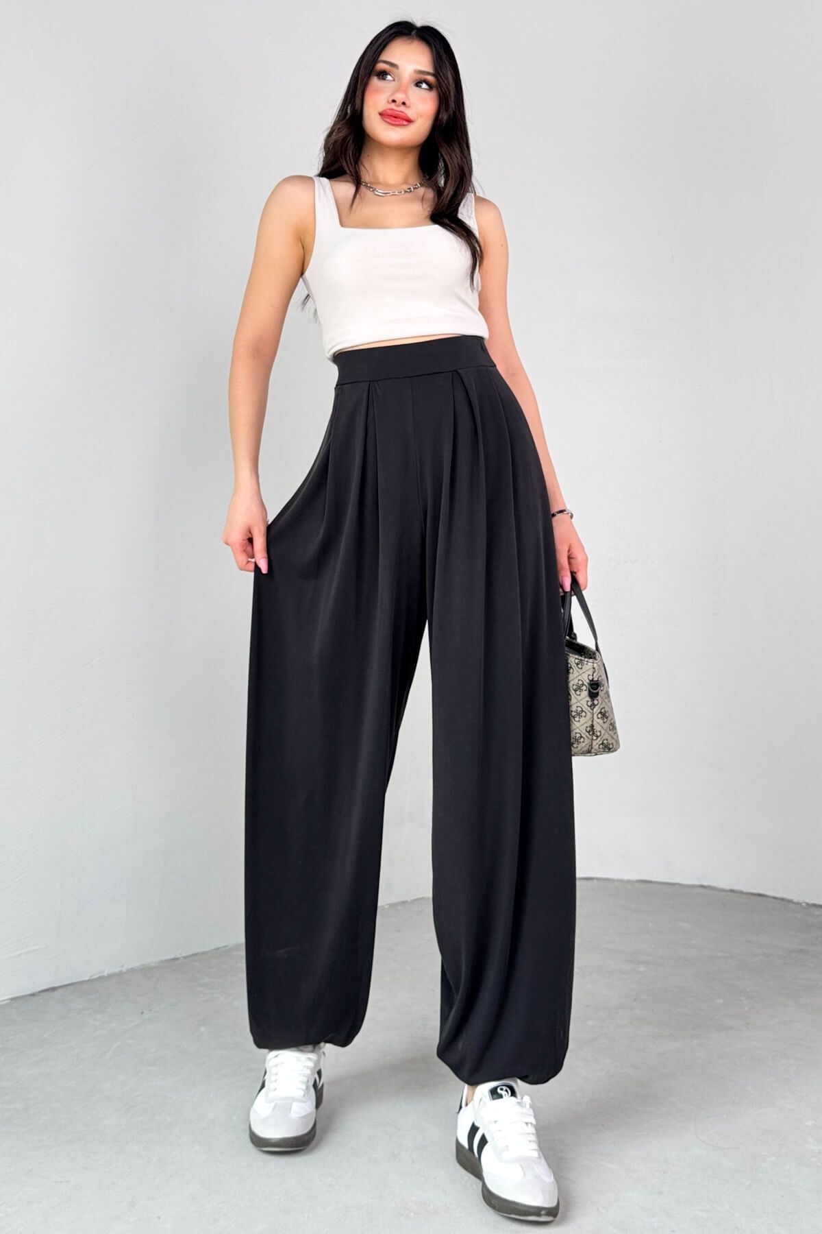 Cappmoda PNT-07417 Siyah Bel Lastikli Şalvar Pantolon