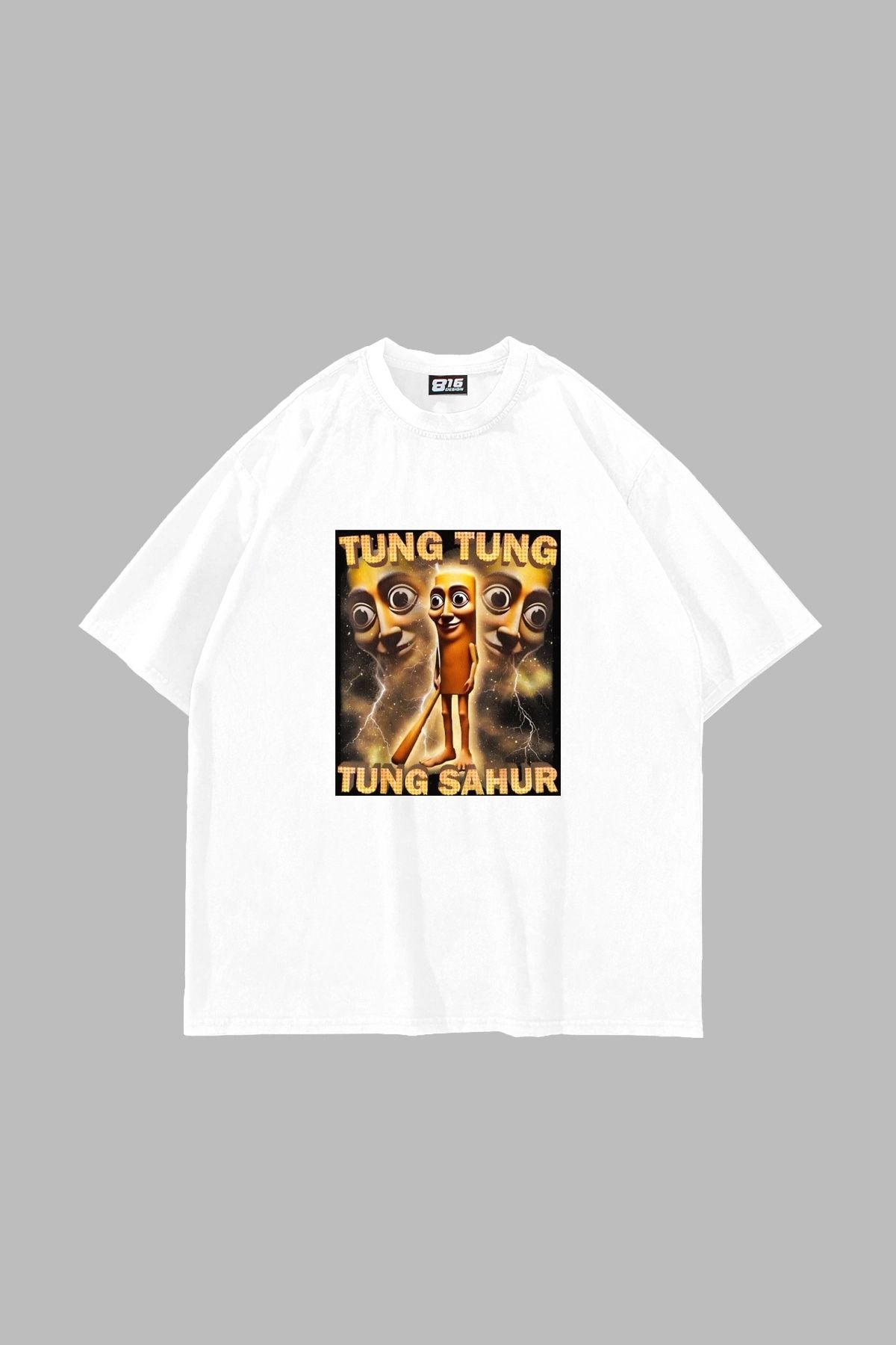 Sekizbiraltı Tung Tung Tung Sahur Baskılı Oversize Unisex Beyaz Tshirt