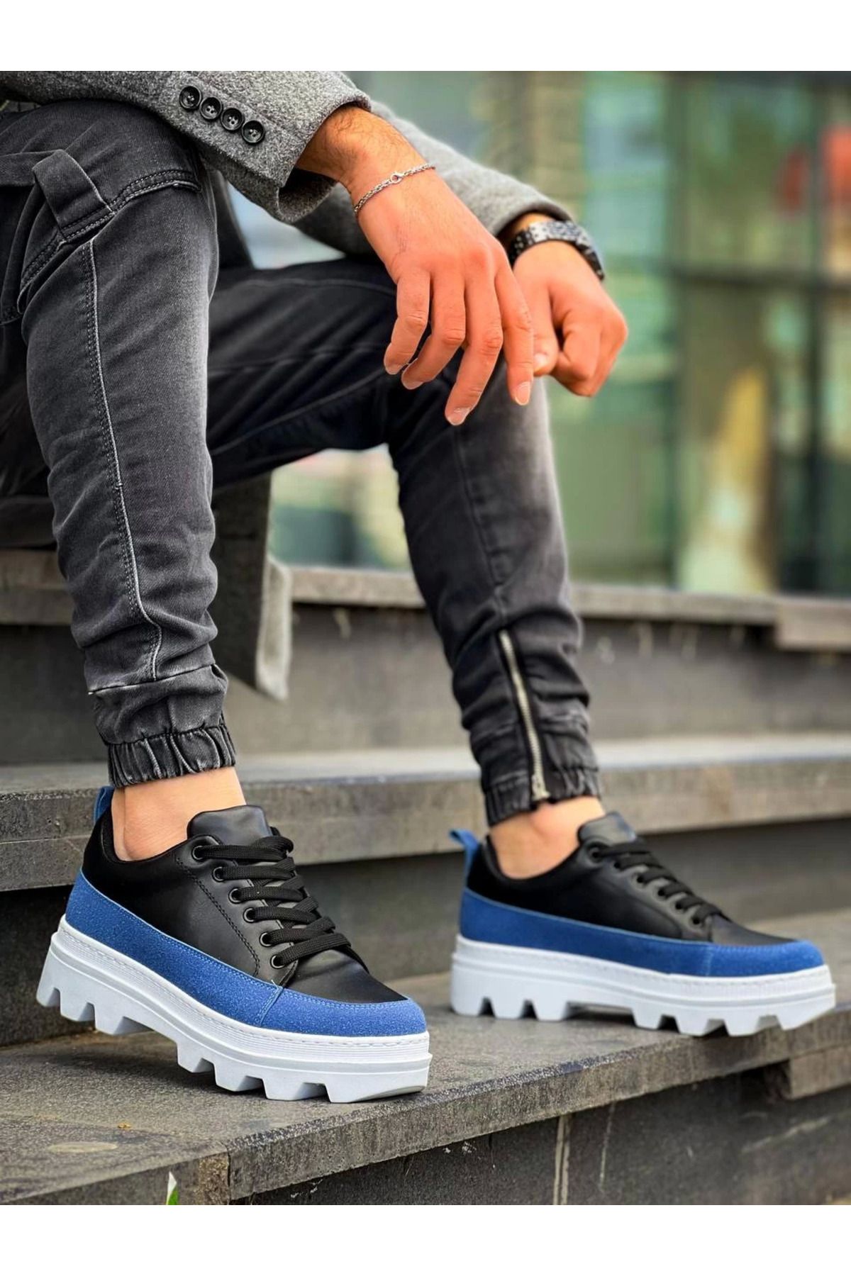 Shop58 KB-056 Kuback Siyah Mavi Detaylı Beyaz Yüksek Taban Günlük Spor Ayakkabı
