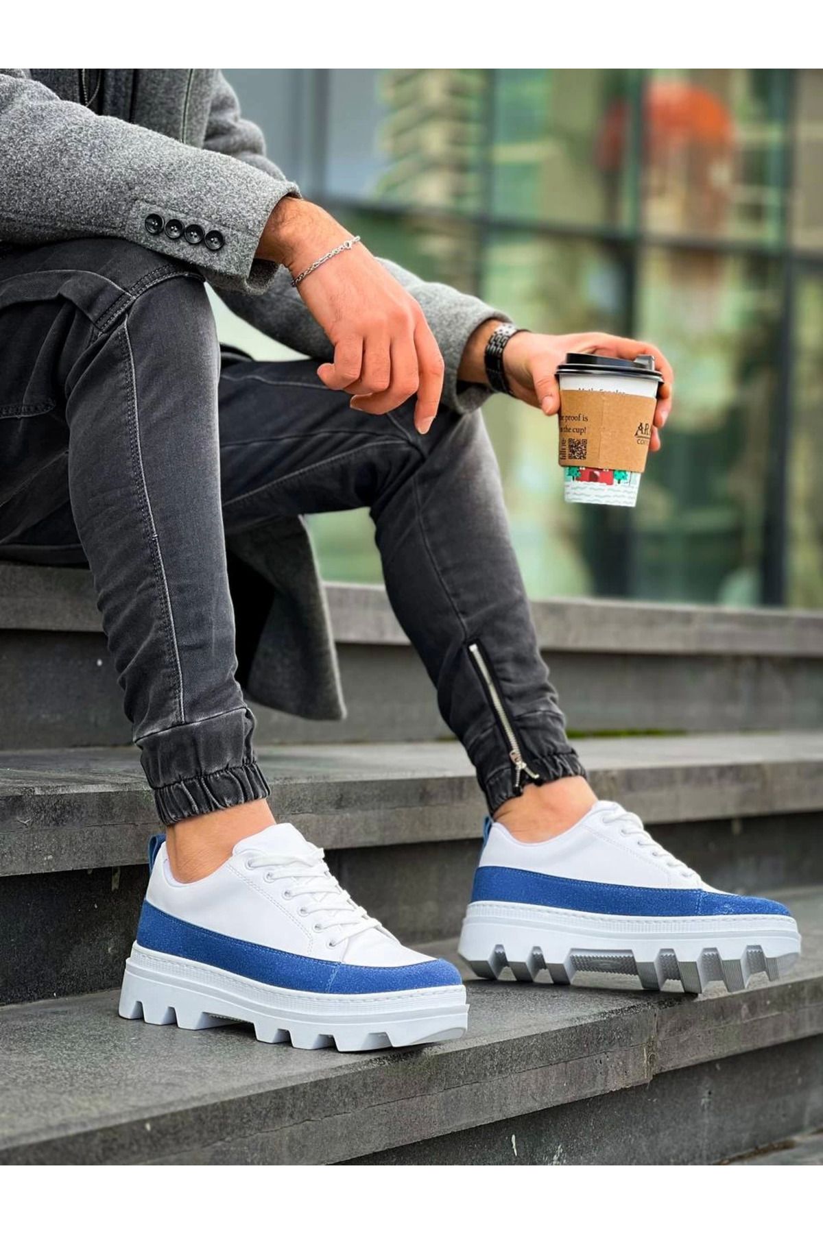 Shop58 KB-056  Beyaz Mavi Detaylı Beyaz Yüksek Taban Günlük Spor Ayakkabı
