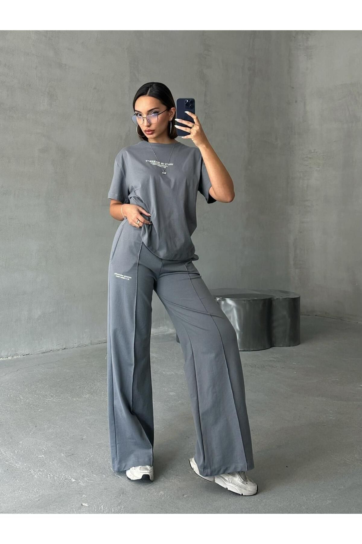 Cappmoda TKM-0045 Füme Unıty In Dıversıty Yazı Enjeksiyon Baskılı Bisiklet Yaka Tişört Bel Lastikli Çimalı Pa