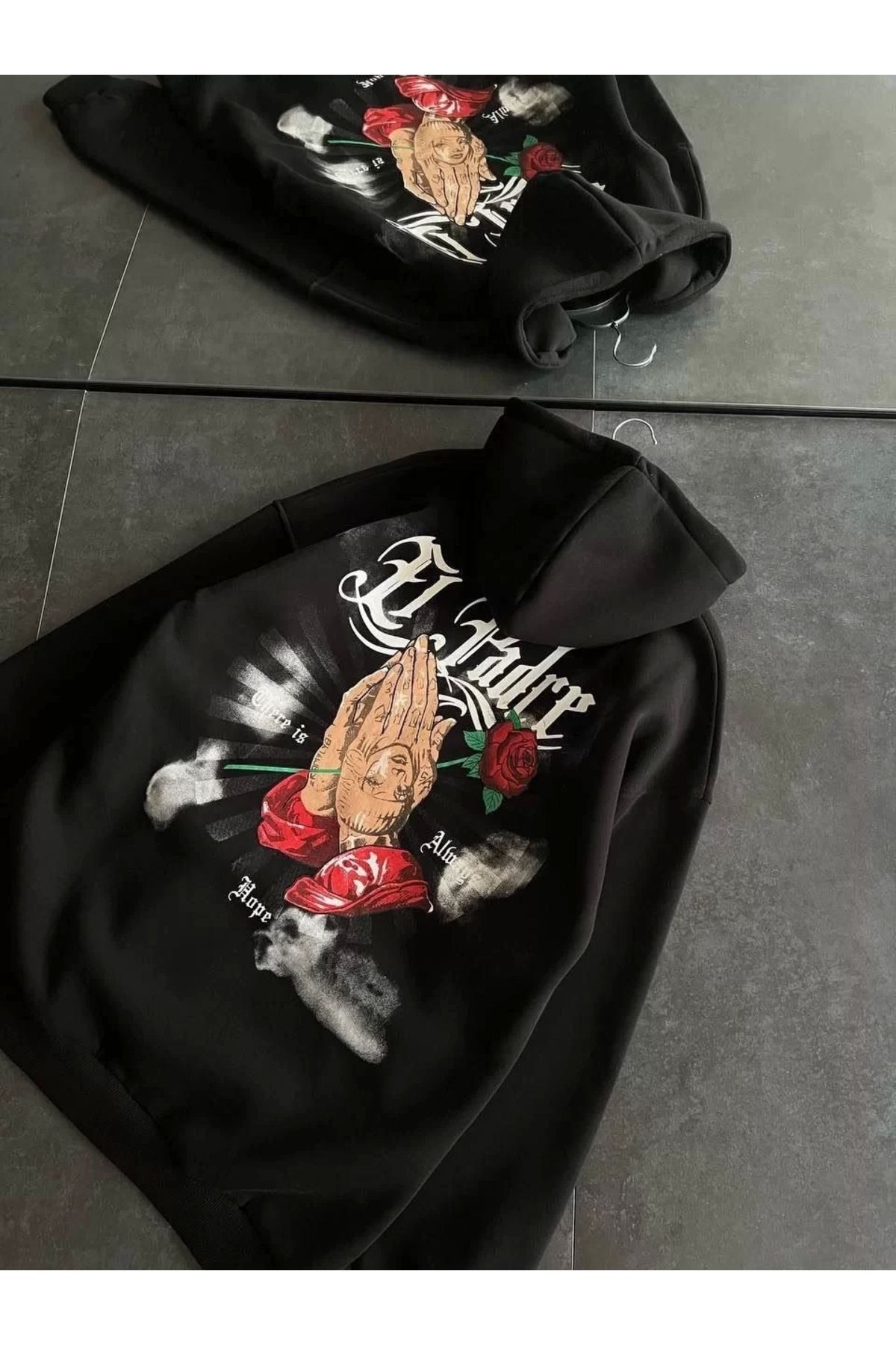 CVS Üç İplik Penye Uzun Kol Kapşonlu Baskılı SweatShirt - Siyah