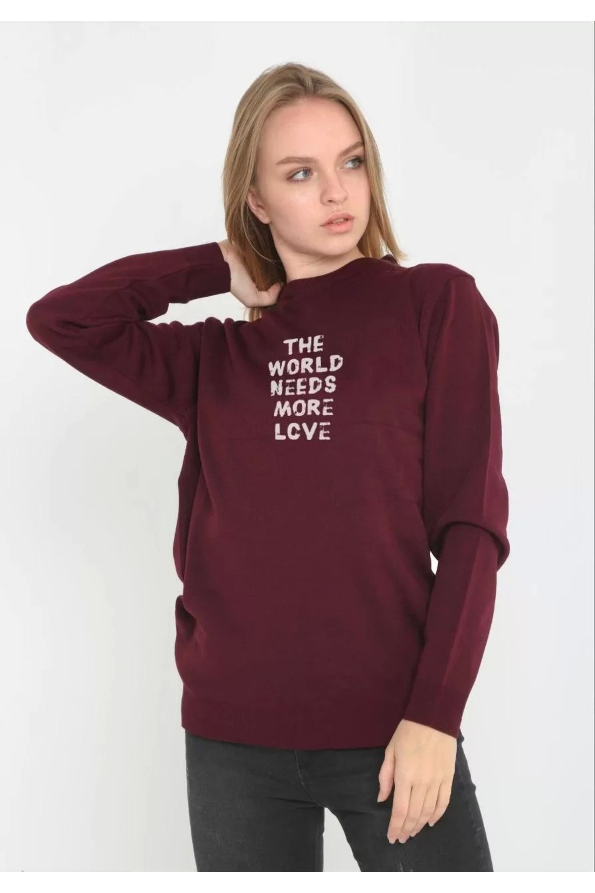CVS Unisex Bisiklet Yaka Baskılı Dokuma Triko - Bordo