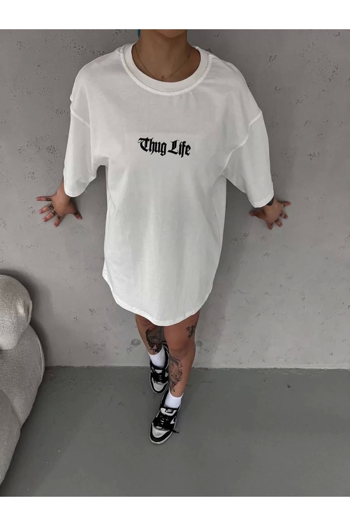 CVS Unisex Bisiklet Yaka Baskılı Oversize T-Shirt - Beyaz