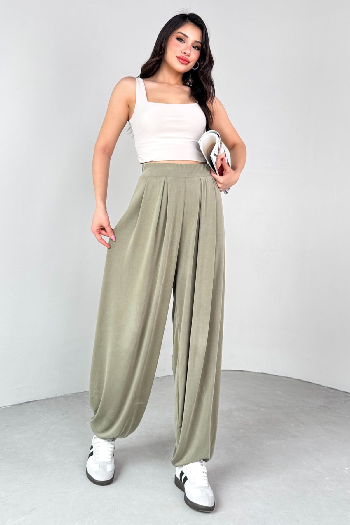 Cappmoda PNT-07417 Haki Bel Lastikli Şalvar Pantolon