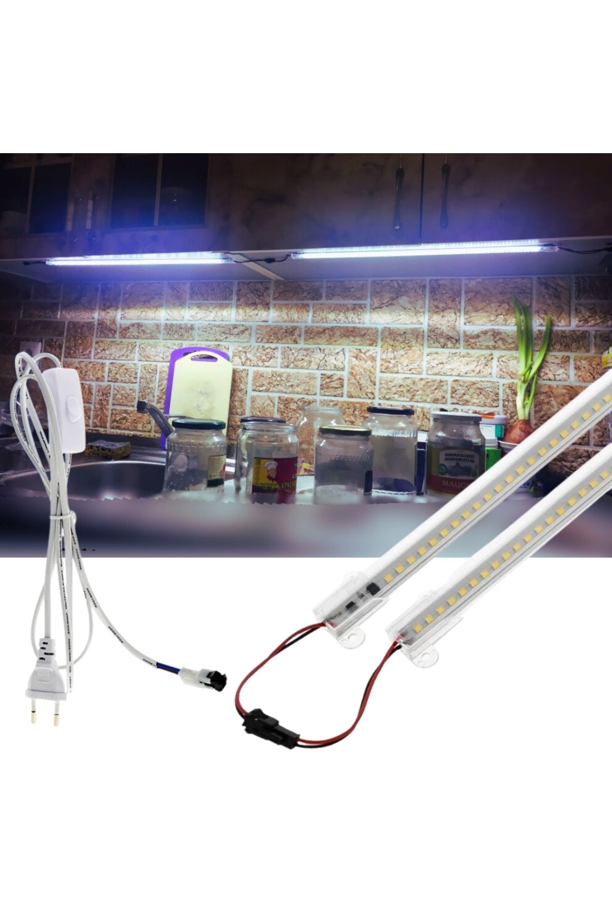 burul SB-6510 2 Adet 100 Cm 220v Şeffaf Çubuk Bar Led Beyaz Işık ve Butonlu Fiş