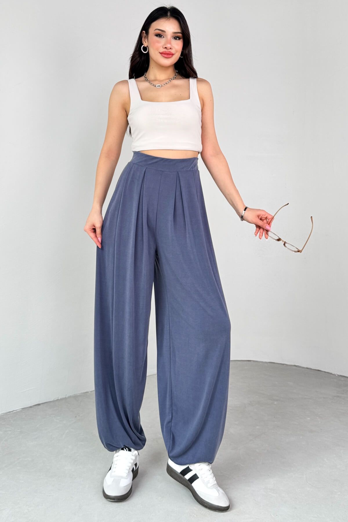 Cappmoda PNT-07417 Mavi Bel Lastikli Şalvar Pantolon
