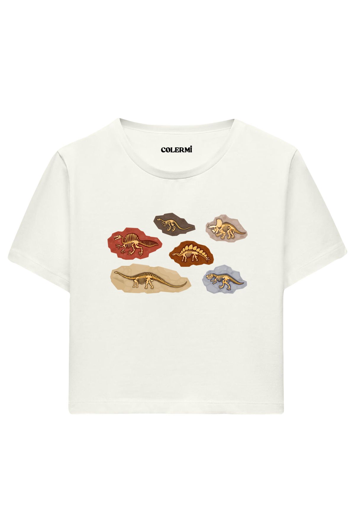 Colermi Dinozor Fosil Baskılı %100 Pamuk Kadın Crop Tshirt
