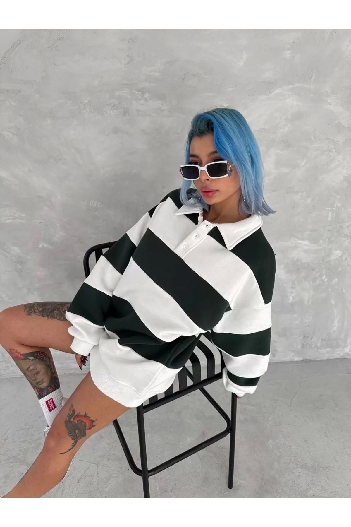 CVS Unisex Üç İplik Parçalı Yakalı SweatShirt - Yeşil