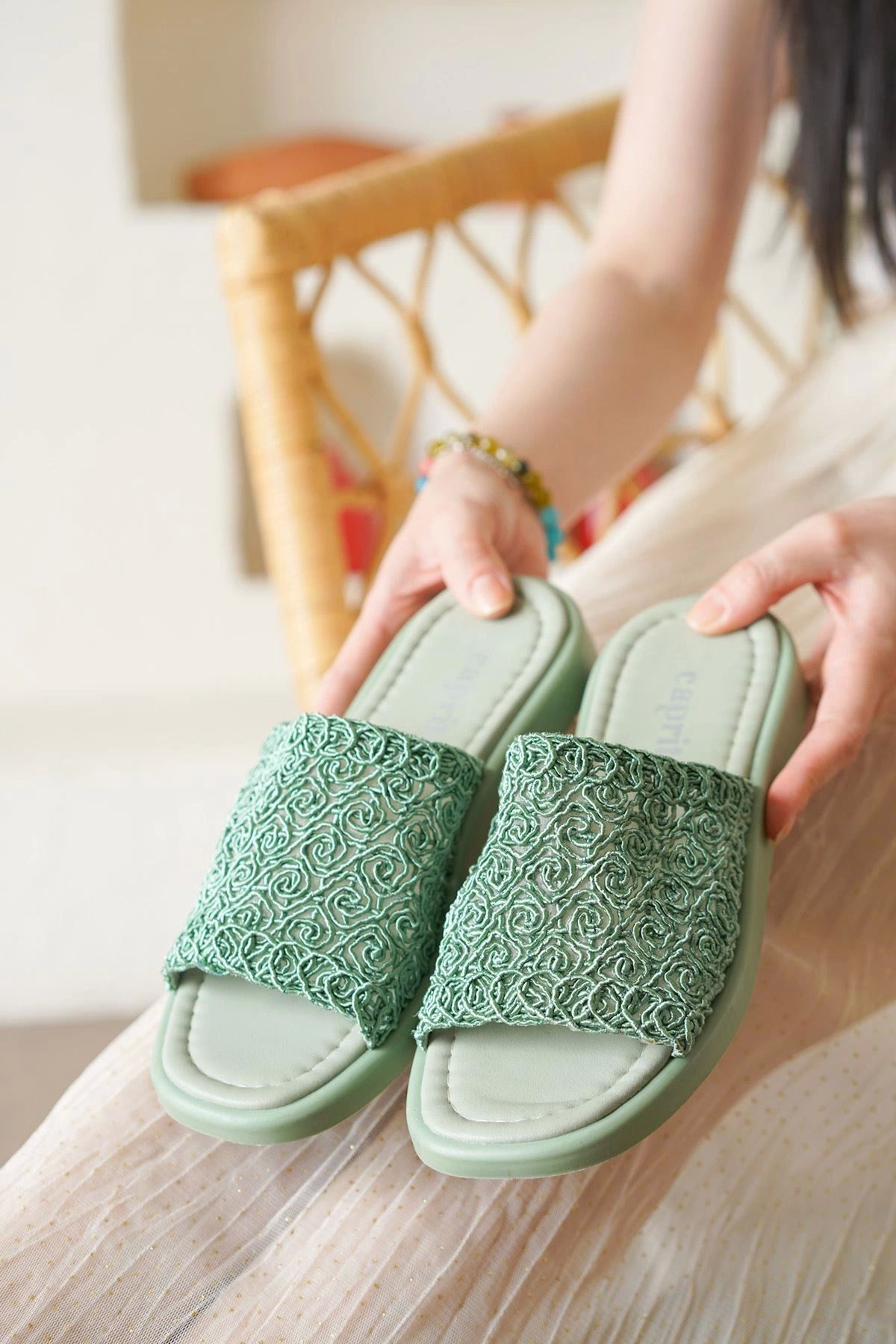 Shop58 Claris Yeşil Örgü Terlik
