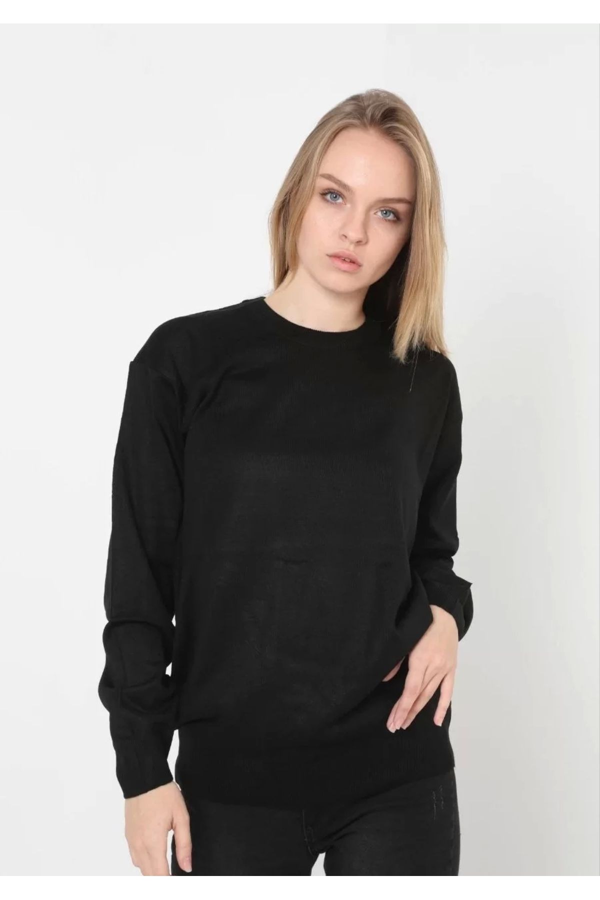 CVS Unisex Uzun Kol Biskilet Yaka Dokuma Triko - Siyah