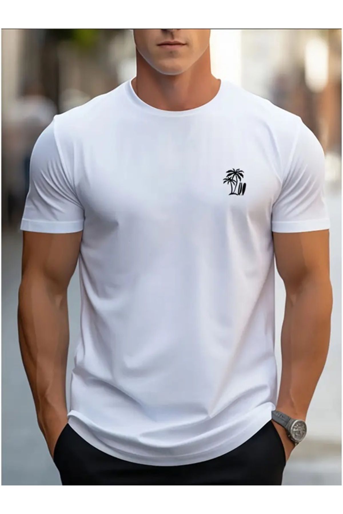 EXPECTED Erkek Oversize Yazlık Palmiye Sörf Baskılı Casual Modern Tarz Şık Pamuklu T-shirt