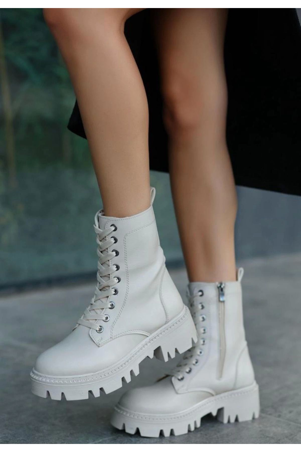 Shop58 Flona Bej Cilt Bağcıklı Bot