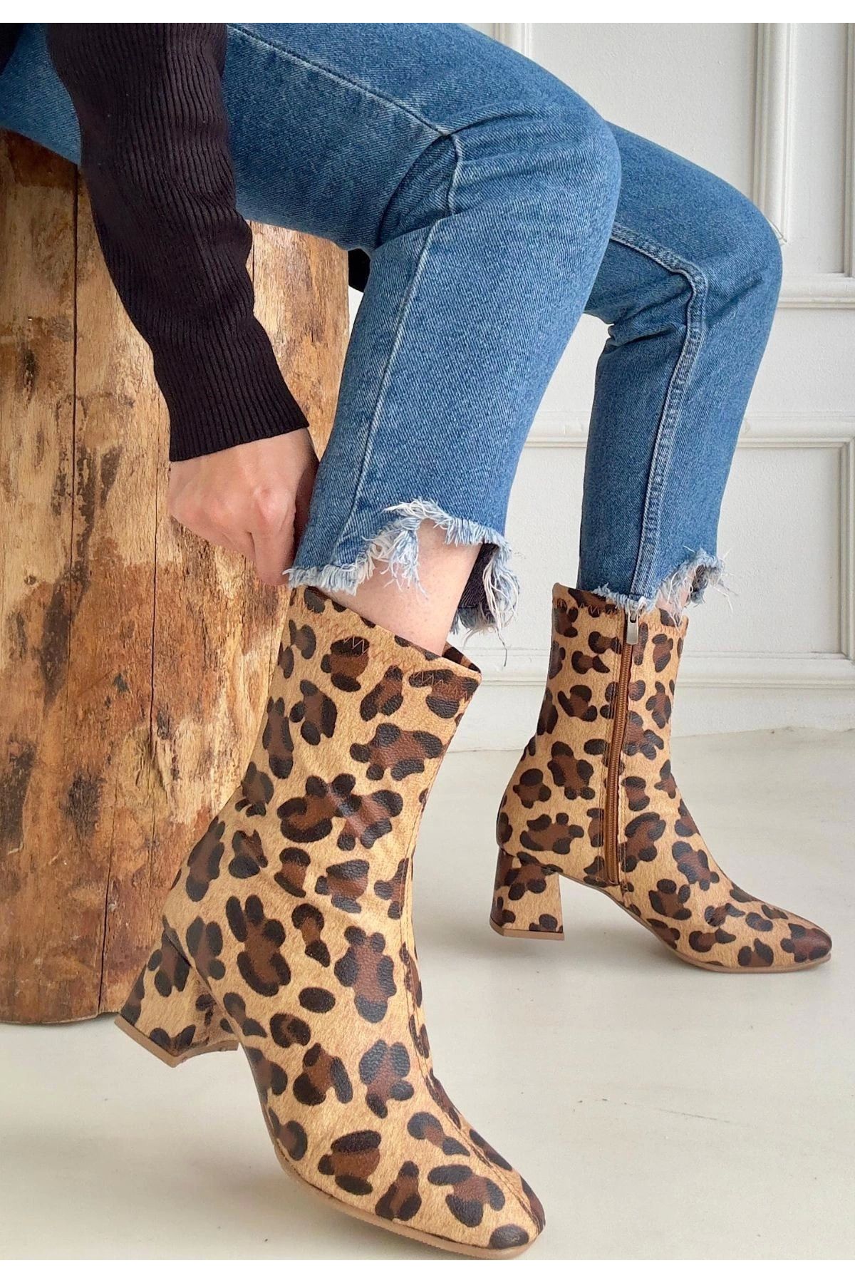 Shop58 Birta Leopar Cilt Streç Topuklu Bot