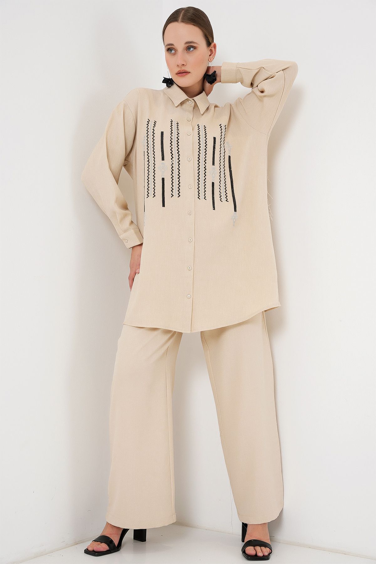 Bigdart-Patterned Tunic Trousers Double Set 6720 - Cream 4
