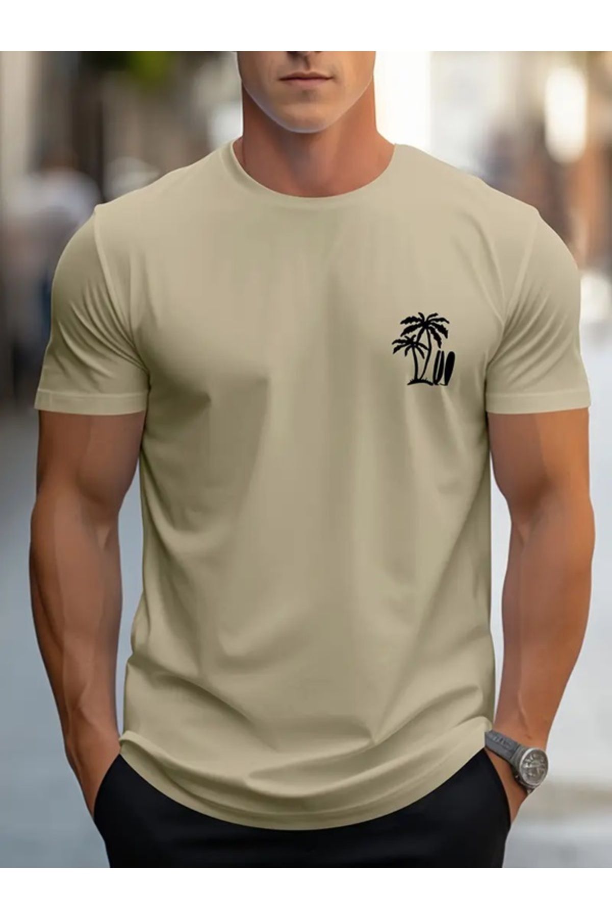 EXPECTED Erkek Oversize Yazlık Palmiye Sörf Baskılı Casual Modern Tarz Şık Pamuklu T-shirt