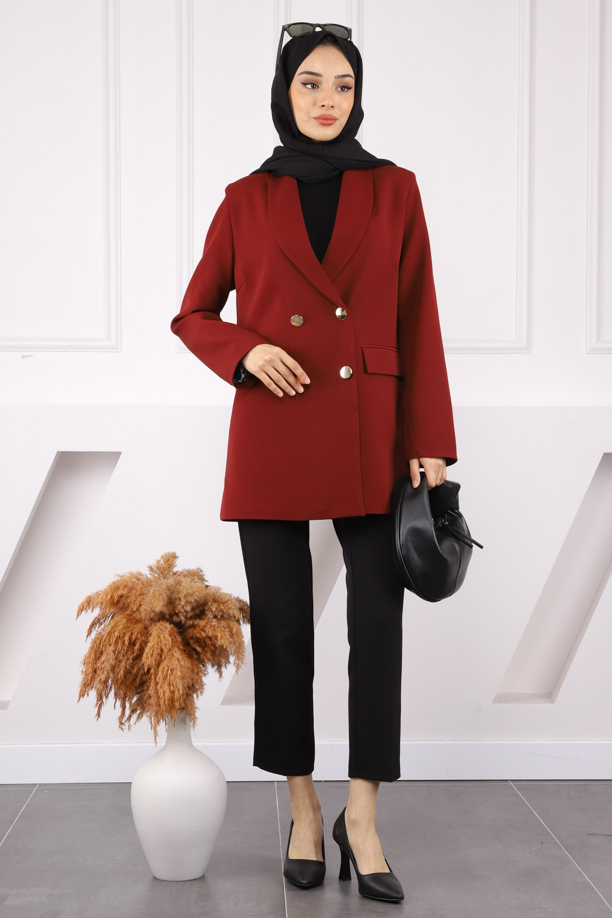 İmajButik-Jachetă Blazer cu guler în cravată roșu Claret 3