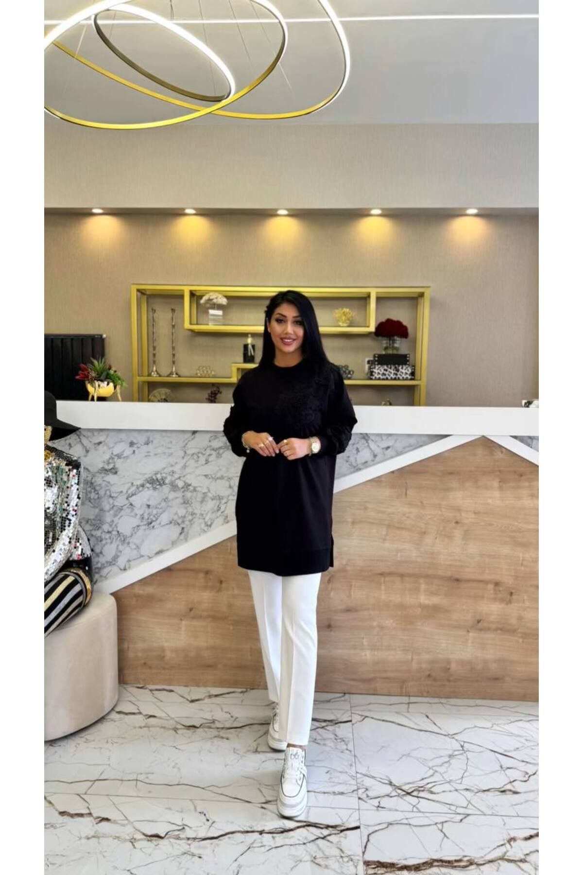 Gülşen Gök Butik Dantel İşleme Tunik Siyah