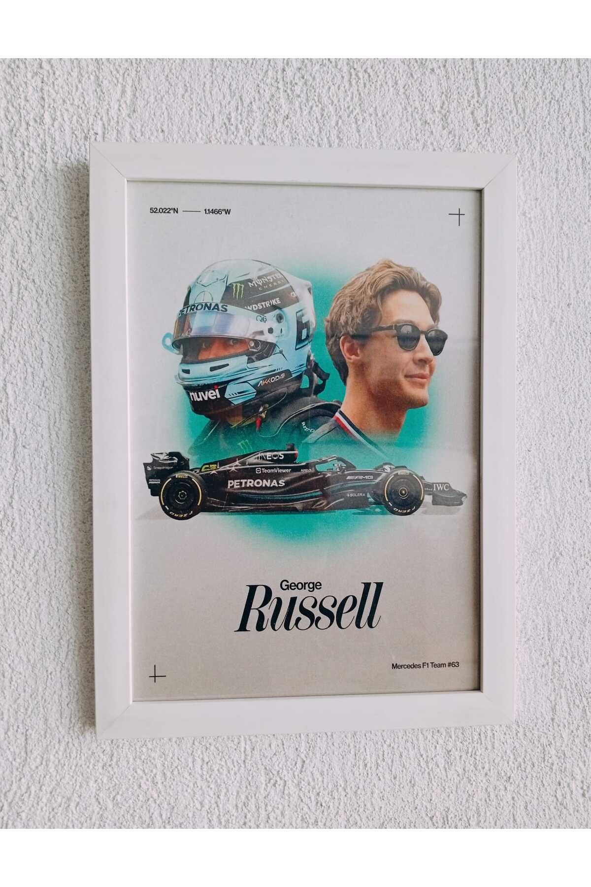 Erdizayn George Russell Formula 1, F1 Poster Tablo 1 mm Şeffaf Korumalı ve Çerçeveli