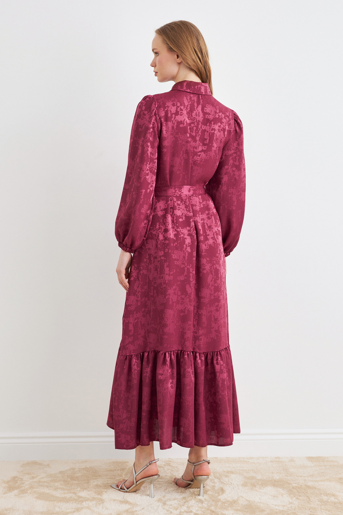 VAVİNOR-Mayra Stone Jacquard Dress - Claret Red 5