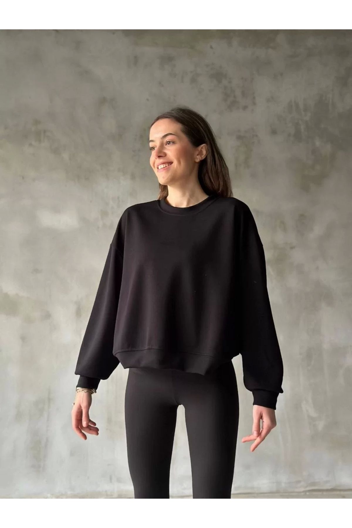 CVS Osy Modal Yumuşak dokulu Kumaş Bisiklet Yaka Oversize Sweatshirt - Siyah