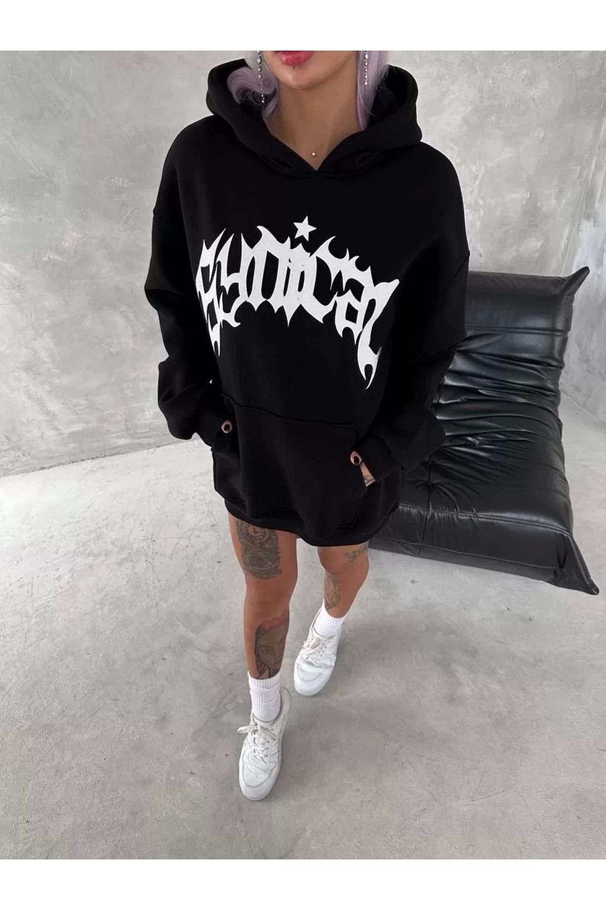 CVS Unisex Üç İplik Kapüşonlu Baskılı SweatShirt - Siyah